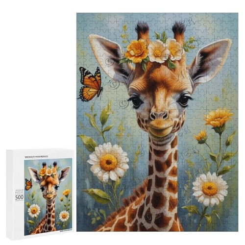 Ölgemälde Giraffe mit Blume, 500-teiliges Puzzle für Erwachsene, perfekt für Entspannung und Genuss, Holz, personalisierbar von NANVIER