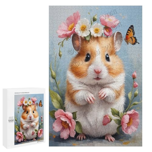 Ölgemälde Hamster mit Blume, 1000-teiliges Puzzle für Erwachsene, Puzzle für Genuss, Holz, personalisierbar von NANVIER