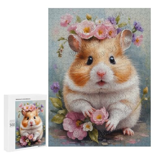 Ölgemälde "Hamster mit Blume" mit 500 Teilen – ein ansprechendes Puzzle-Erlebnis für diejenigen, die Corgis lieben, aus Holz von NANVIER