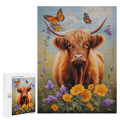 Ölgemälde Highland Cow mit Blume, Themen-Abenteuer, 500-teiliges Puzzle, ansprechendes Puzzle für Erwachsene, ideal für gemütliche Nächte im Holz, personalisierbar von NANVIER