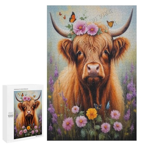 Ölgemälde "Highlandkuh mit Blume", 1000 Teile für Erwachsene, Puzzle für Hochlandkuh-Liebhaber zum Genießen und Entspannen, Geschenk für Weihnachten, Holz, personalisierbar von NANVIER