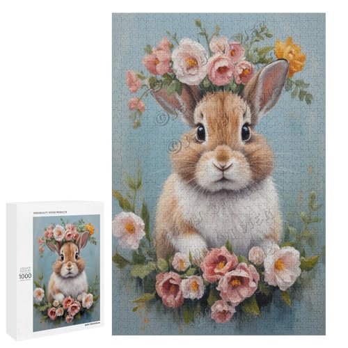 Ölgemälde Kaninchen mit Blume, 1000 Teile für Erwachsene, Puzzle für Kaninchenliebhaber zum Genießen und Entspannen, Geschenk für Weihnachten, Holz, personalisierbar von NANVIER