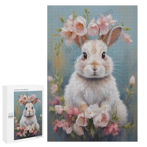 Ölgemälde Kaninchen mit Blume, 1000-teiliges Kaninchenpuzzle für Erwachsene, lustiges und herausforderndes Puzzle-Erlebnis, Holz, personalisierbar von NANVIER