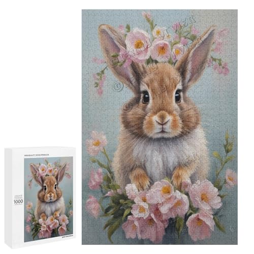 Ölgemälde Kaninchen mit Blume, 1000-teiliges Puzzle für Erwachsene, Puzzle für Entspannung und Genuss, Holz, personalisierbar von NANVIER