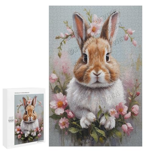 Ölgemälde Kaninchen mit Blume, 500-teiliges Puzzle für Erwachsene, eine lustige und entspannende Art, Ihre Liebe zu Kaninchen zu feiern, aus Holz, personalisierbar von NANVIER