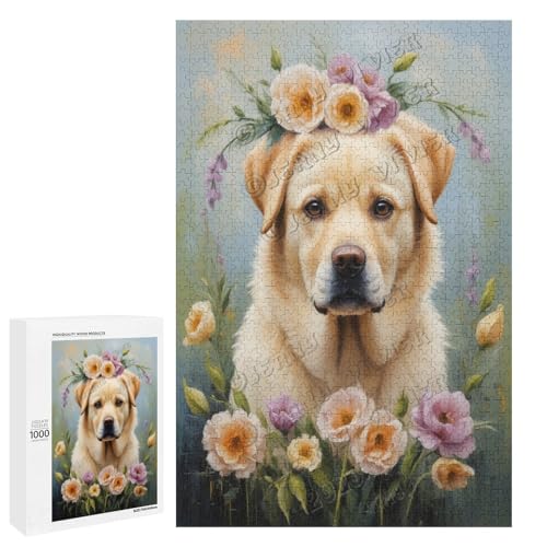 Ölgemälde Labrador Hund mit Blume, 1000 Teile – ein ansprechendes Puzzle-Erlebnis für diejenigen, die Corgis lieben, aus Holz von NANVIER