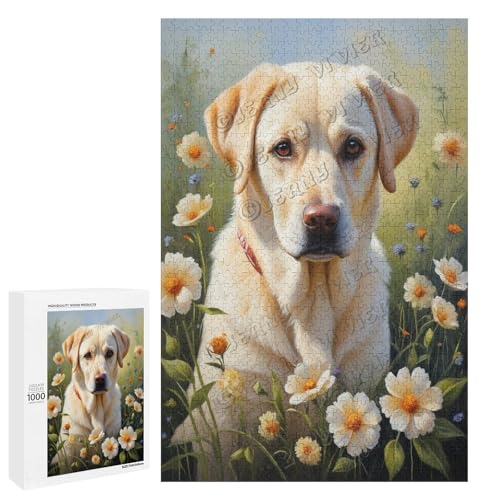 Ölgemälde Labrador-Hund mit Blume, 1000 Teile für Erwachsene, Puzzle für Hundeliebhaber zum Genießen und Entspannen, Geschenk für Weihnachten, Holz, personalisierbar von NANVIER