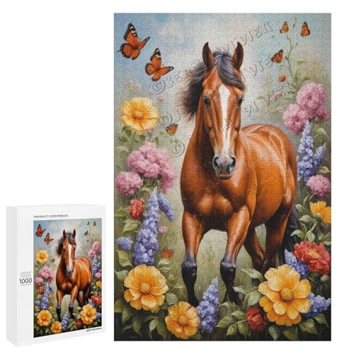 Ölgemälde Pferd mit Blume, 1000 Teile für Erwachsene, Puzzle für Pferdeliebhaber zum Genießen und Entspannen, Geschenk für Weihnachten, Holz, personalisierbar von NANVIER