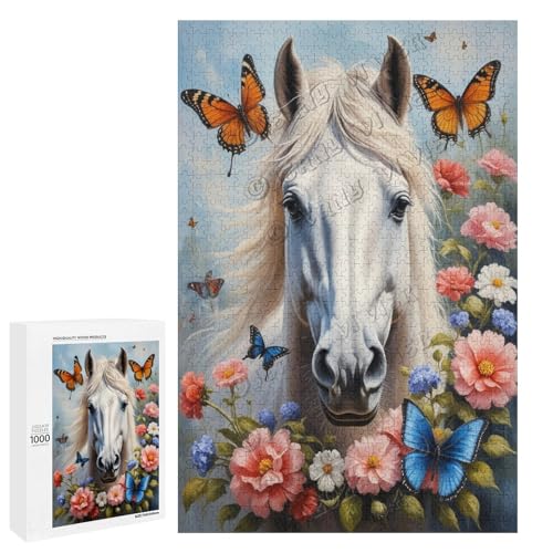 Ölgemälde Pferd mit Blume, 1000-teiliges Puzzle, angenehm für Erwachsene und Pferdeliebhaber, Holz, personalisierbar von NANVIER