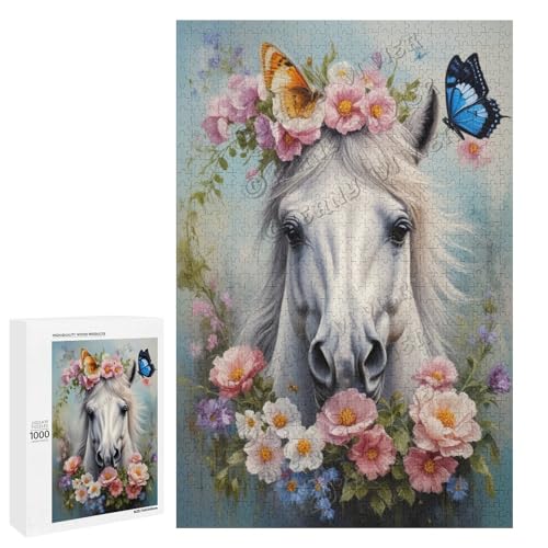 Ölgemälde Pferd mit Blume, 1000-teiliges Puzzle für Erwachsene, Puzzle für Entspannung und Genuss, Holz, personalisierbar von NANVIER