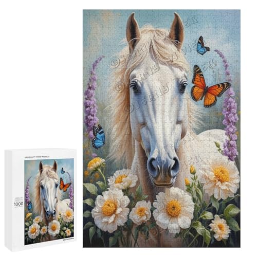 Ölgemälde Pferd mit Blume, 1000-teiliges Puzzle für Erwachsene, Puzzle für Genuss, Holz, personalisierbar von NANVIER