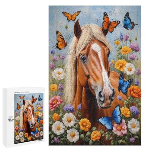 Ölgemälde Pferd mit Blume, 1000-teiliges Puzzle für Erwachsene, eine lustige und entspannende Art, Ihre Liebe zu Pferden zu feiern, aus Holz, personalisierbar von NANVIER