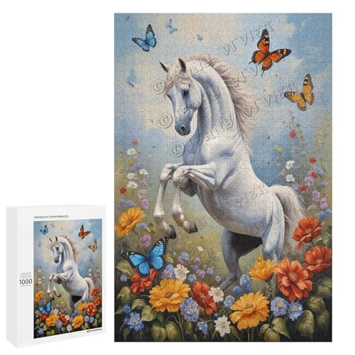 Ölgemälde Pferd mit Blume, 1000-teiliges Puzzle für Erwachsene, perfekt für Entspannung und Genuss, Holz, personalisierbar von NANVIER