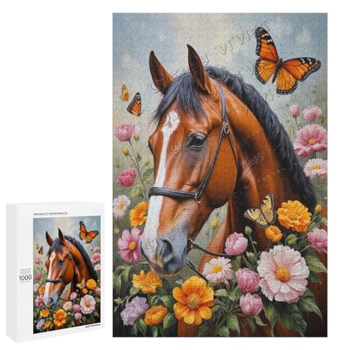 Ölgemälde Pferd mit Blume, 1000-teiliges Puzzle für Erwachsene, perfekt für Entspannung und Genuss, Holz, personalisierbar von NANVIER