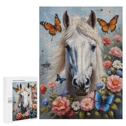 Ölgemälde Pferd mit Blume, 500-teiliges Puzzle, angenehm für Erwachsene und Pferdeliebhaber, Holz, personalisierbar von NANVIER