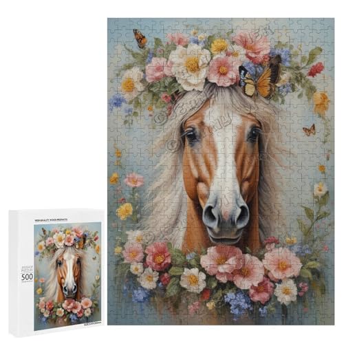 Ölgemälde Pferd mit Blume, 500-teiliges Puzzle, ansprechendes Puzzle für Erwachsene, ideal für gemütliche Nächte im Holz, personalisierbar von NANVIER