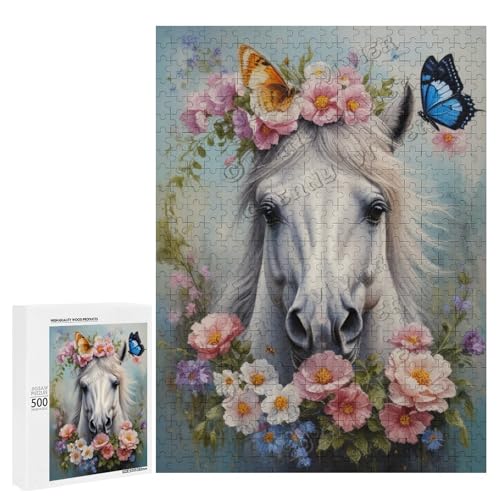 Ölgemälde Pferd mit Blume, 500-teiliges Puzzle für Erwachsene, Puzzle für Entspannung und Genuss, Holz, personalisierbar von NANVIER