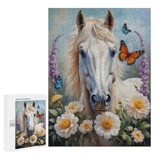 Ölgemälde Pferd mit Blume, 500-teiliges Puzzle für Erwachsene, Puzzle für Genuss, Holz, personalisierbar von NANVIER