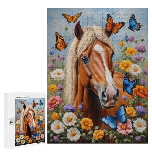 Ölgemälde Pferd mit Blume, 500-teiliges Puzzle für Erwachsene, eine lustige und entspannende Art, Ihre Liebe zu Pferden zu feiern, aus Holz, personalisierbar von NANVIER