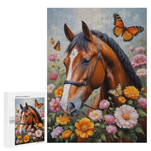 Ölgemälde Pferd mit Blume, 500-teiliges Puzzle für Erwachsene, perfekt für Entspannung und Genuss, Holz, personalisierbar von NANVIER