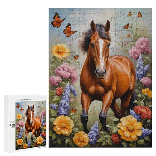 Ölgemälde Pferd mit Blume, Puzzle für Erwachsene, Puzzle für Pferdeliebhaber zum Genießen und Entspannen, Geschenk für Weihnachten, Holz, personalisierbar, 500 Stück von NANVIER