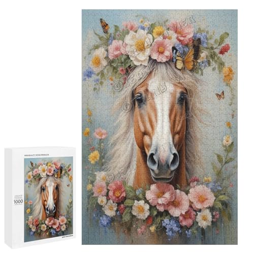 Ölgemälde Pferd mit Blume, Themen-Abenteuer, 1000-teiliges Puzzle, ansprechendes Puzzle für Erwachsene, ideal für gemütliche Nächte im Holz, personalisierbar von NANVIER