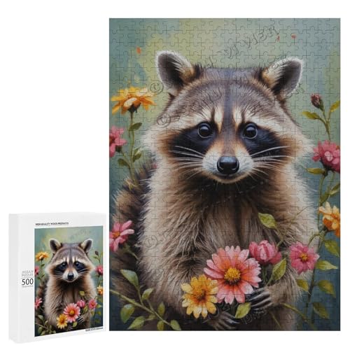 Ölgemälde-Puzzle Waschbär mit Blumen, 500 Teile – ein fesselndes Puzzle-Erlebnis für diejenigen, die Dackel lieben, Holz von NANVIER