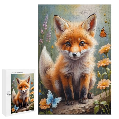 Ölgemälde-Puzzle mit Baby-Fuchs mit Blume, 1000-teiliges Puzzle für Erwachsene, perfekt für Entspannung und Genuss, Holz, personalisierbar von NANVIER