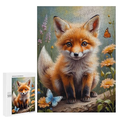 Ölgemälde-Puzzle mit Baby-Fuchs mit Blume, 500-teiliges Puzzle für Erwachsene, perfekt für Entspannung und Genuss, Holz, personalisierbar von NANVIER