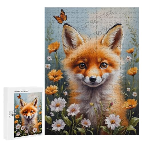 Ölgemälde-Puzzle mit Baby-Fuchs mit Blume, 500-teiliges Puzzle für Erwachsene, perfekt für Entspannung und Genuss, Holz, personalisierbar von NANVIER