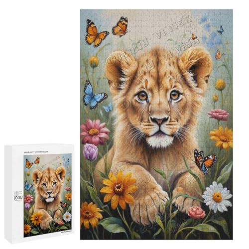 Ölgemälde-Puzzle mit Baby-Löwe mit Blume, 1000-teiliges Puzzle, angenehm für Erwachsene und Löwen-Liebhaber, Holz, personalisierbar von NANVIER