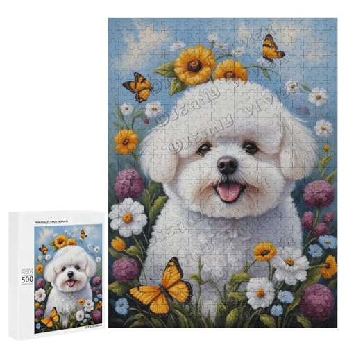 Ölgemälde-Puzzle mit Bichon Frisé-Hund mit Blume, 500 Teile – ein fesselndes Puzzle-Erlebnis für diejenigen, die Dackel lieben, Holz von NANVIER