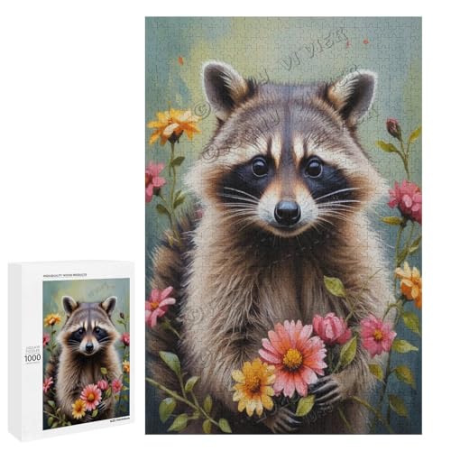 Ölgemälde-Puzzle mit Waschbär mit Blume, 1000 Teile – ein ansprechendes Puzzle-Erlebnis für diejenigen, die Dackel lieben, Holz von NANVIER