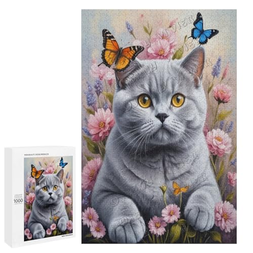 Ölgemälde-Puzzle mit britischer Kurzhaarkatze mit Blume, 1000 Teile – ein fesselndes Puzzle-Erlebnis für diejenigen, die Dackel lieben, Holz von NANVIER