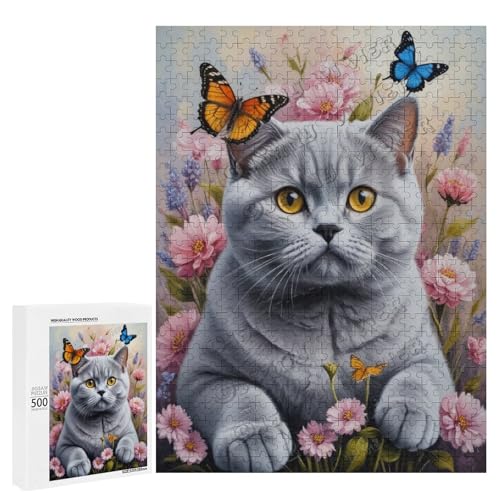 Ölgemälde-Puzzle mit britischer Kurzhaarkatze mit Blume, 500 Teile – ein fesselndes Puzzle-Erlebnis für diejenigen, die Dackel lieben, Holz von NANVIER