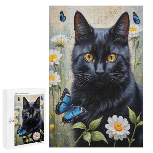 Ölgemälde-Puzzle mit schwarzer Katze und Blume, 1000 Teile – ein ansprechendes Puzzle-Erlebnis für diejenigen, die Dackel lieben, Holz von NANVIER