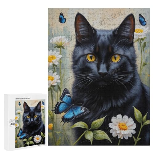 Ölgemälde-Puzzle mit schwarzer Katze und Blume, 500 Teile – ein ansprechendes Puzzle-Erlebnis für diejenigen, die Dackel lieben, Holz von NANVIER