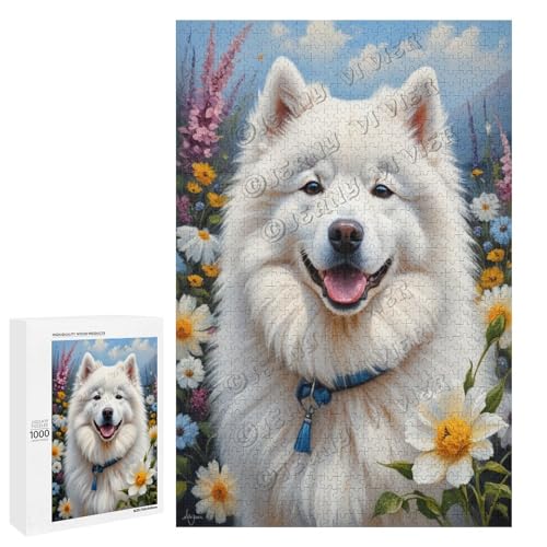 Ölgemälde Samojede, Hund mit Blume, 500 Teile, ein ansprechendes Puzzle-Erlebnis für diejenigen, die Corgis lieben, aus Holz von NANVIER