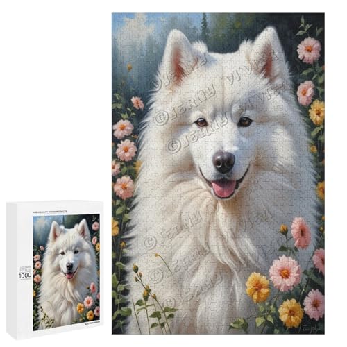 Ölgemälde Samojede, Hund mit Blume, Themen-Abenteuer, 500-teiliges Puzzle, ansprechendes Puzzle für Erwachsene, ideal für gemütliche Nächte im Holz, personalisierbar von NANVIER