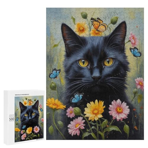 Ölgemälde Schwarze Katze mit Blume, 500 Stück, Puzzle für Erwachsene, Puzzle für Katzenliebhaber zum Genießen und Entspannen, Geschenk für Weihnachten, Holz, personalisierbar von NANVIER