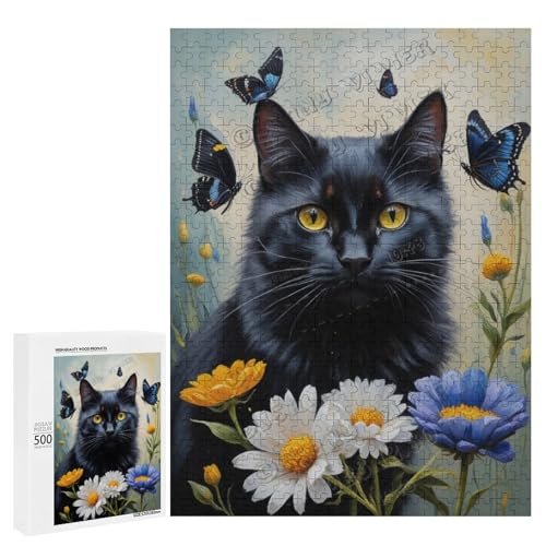 Ölgemälde Schwarze Katze mit Blume, 500-teiliges Puzzle für Erwachsene, perfekt für Familienspielabend und Katzenliebhaber, Holz, personalisierbar von NANVIER