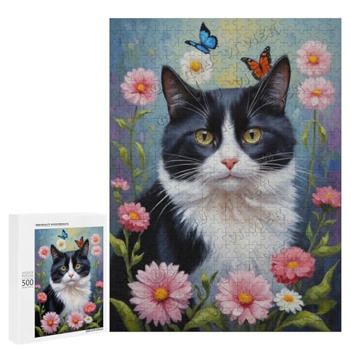 Ölgemälde Smoking Katze mit Blume, 500 Stück, Puzzle für Erwachsene, Puzzle für Katzenliebhaber zum Genießen und Entspannen, Geschenk für Weihnachten, Holz, personalisierbar von NANVIER