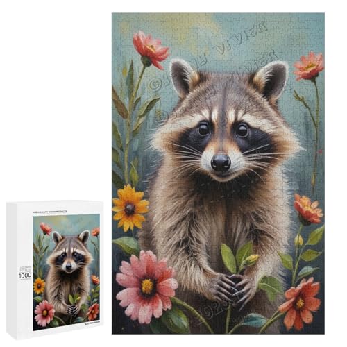 Ölgemälde Waschbär mit Blume, 1000 Teile für Erwachsene, Puzzle für Waschbär-Liebhaber zum Genießen und Entspannen, Geschenk für Weihnachten, Holz, personalisierbar von NANVIER