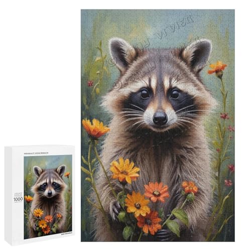 Ölgemälde Waschbär mit Blume, 1000-teiliges Erwachsenen-Puzzle – perfekt für Familienspielabend und Waschbär-Enthusiasten, Holz, personalisierbar von NANVIER