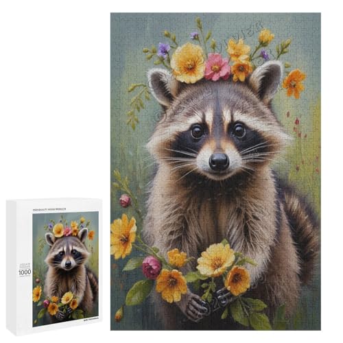 Ölgemälde Waschbär mit Blume, 1000-teiliges Puzzle für Erwachsene, Kunstwerk von entzückenden Retrievern, Holz, personalisierbar von NANVIER