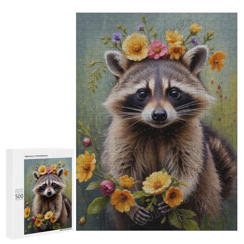 Ölgemälde Waschbär mit Blume, 500-teiliges Puzzle für Erwachsene, Kunstwerk von entzückenden Retrievern, Holz, personalisierbar von NANVIER