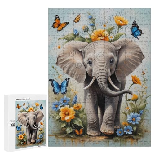 Ölgemälde mit Baby-Elefant mit Blume, 500 Teile, ein ansprechendes Puzzle-Erlebnis für diejenigen, die Corgis lieben, aus Holz von NANVIER