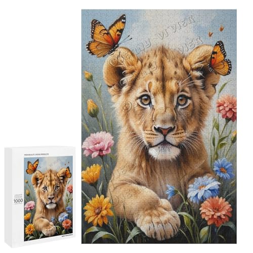 Ölgemälde mit Baby-Löwe mit Blume, 1000-teiliges Puzzle für Erwachsene, Puzzle für Genuss, Holz, personalisierbar von NANVIER