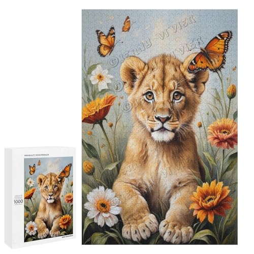 Ölgemälde mit Baby-Löwe mit Blume, 1000-teiliges Puzzle für Erwachsene, perfekt für Entspannung und Genuss, Holz, personalisierbar von NANVIER