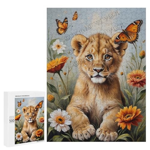 NANVIER Ölgemälde mit Baby-Löwe mit Blume, 500-teiliges Puzzle für Erwachsene, perfekt für Entspannung und Genuss, Holz, personalisierbar von NANVIER